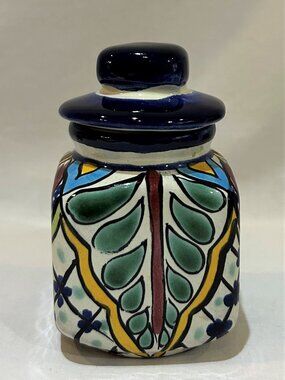 Mexican Pottery Talavera Handmade Painted Colorful Floral Lidded Spice Jar